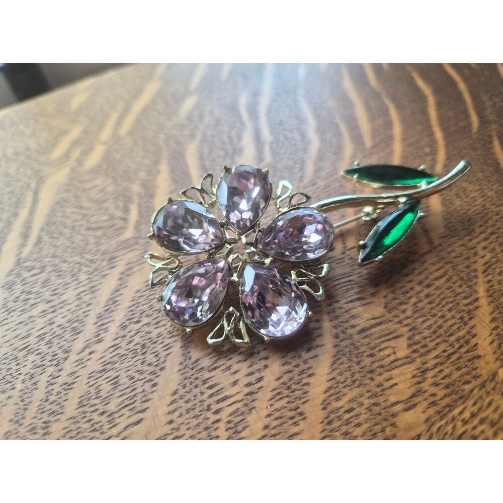 Vintage Dodds Signed Rhinestone Flower Brooch Open Back UV Glow